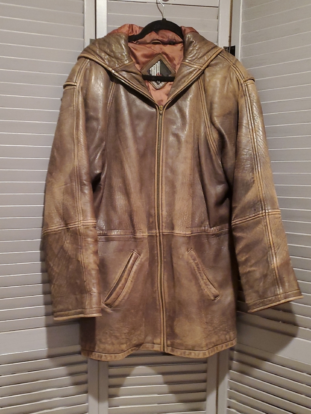 Tibor Vintage Distressed Brown Leather Hooded Jacket Size M